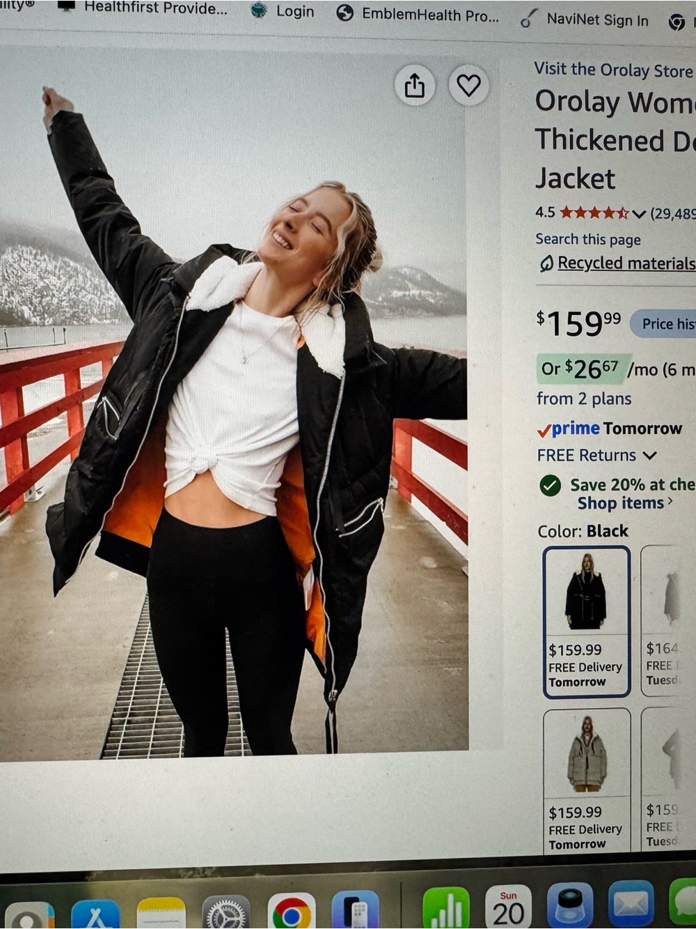 OLAY Black Puffer Jacket with White Sherpa Collar and Orange Lining like new